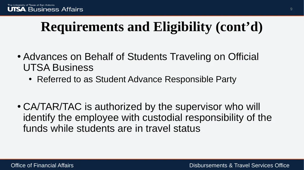 Travel Advance Process (PS 0309) Disbursements & - slide 9 of 63