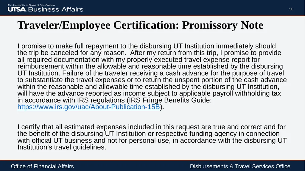Travel Advance Process (PS 0309) Disbursements & - slide 50 of 63