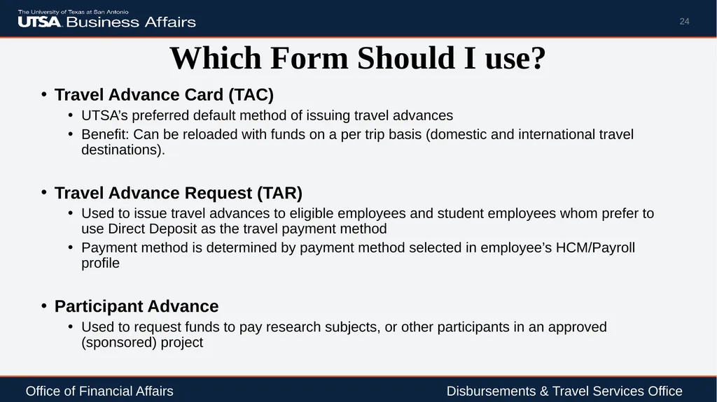 Travel Advance Process (PS 0309) Disbursements & - slide 24 of 63