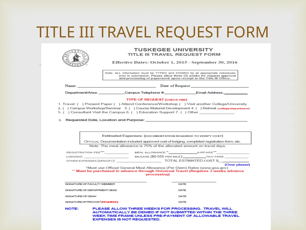 Faculty Development Travel Request/ODEOL Title III - slide 3 of 18