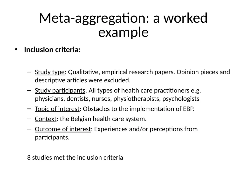 A worked example of META-AGGREGATION Its history - slide 8 of 33