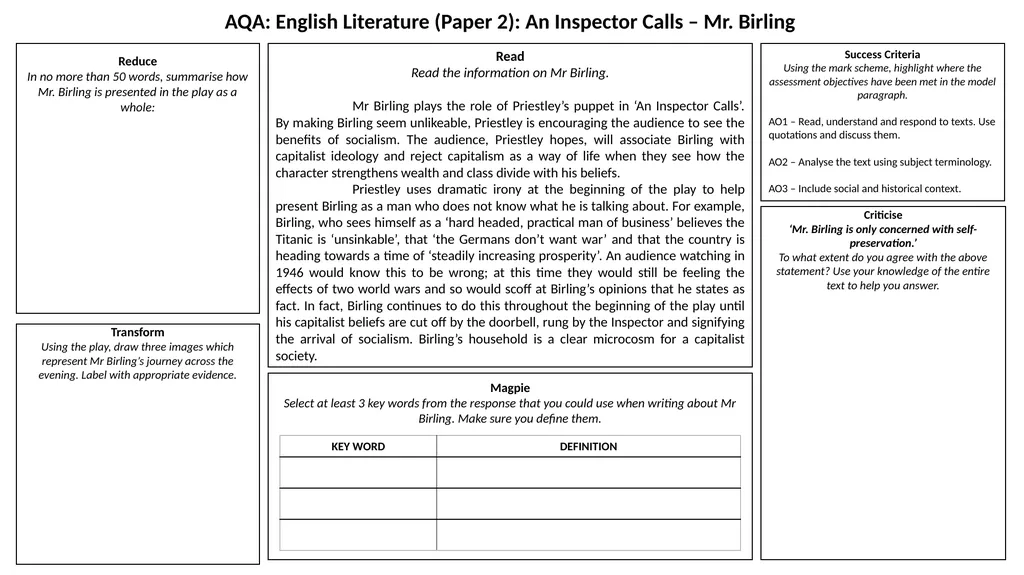 AQA: English Literature (Paper 2): An Inspector - slide 2 of 7