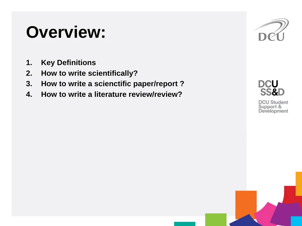 Scientific Writing DCU Student Learning Key - slide 2 of 34