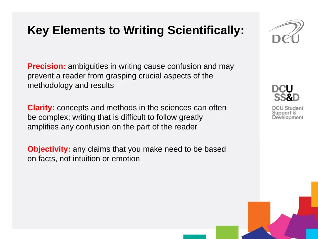 Scientific Writing DCU Student Learning Key - slide 7 of 34