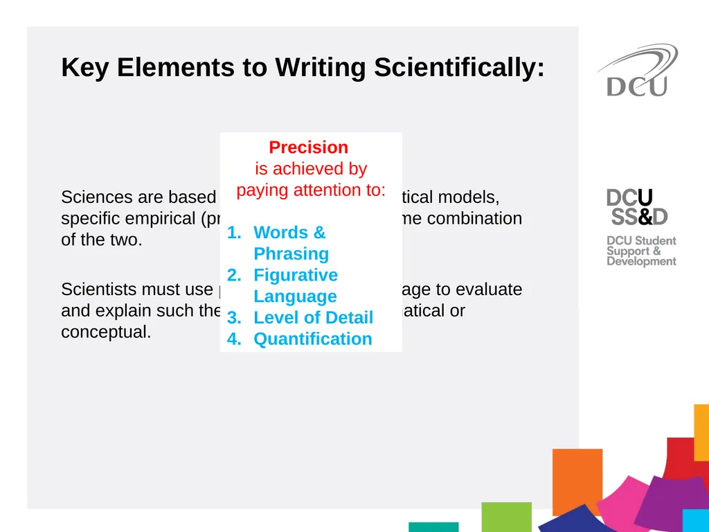 Scientific Writing DCU Student Learning Key - slide 8 of 34