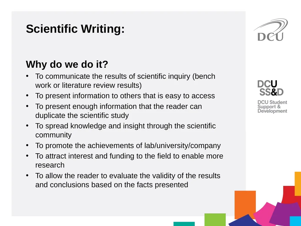 Scientific Writing DCU Student Learning Key - slide 5 of 34