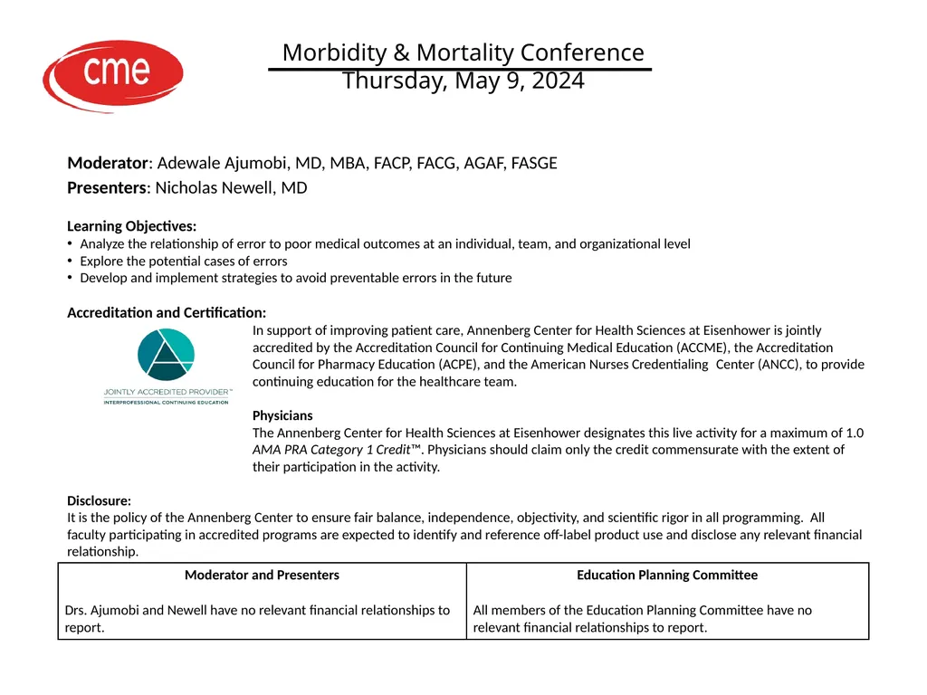 Interdisciplinary Morbidity and Mortality - slide 2 of 36