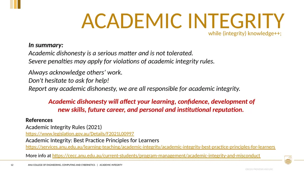 Academic integrity 1 Instructions for course - slide 12 of 12