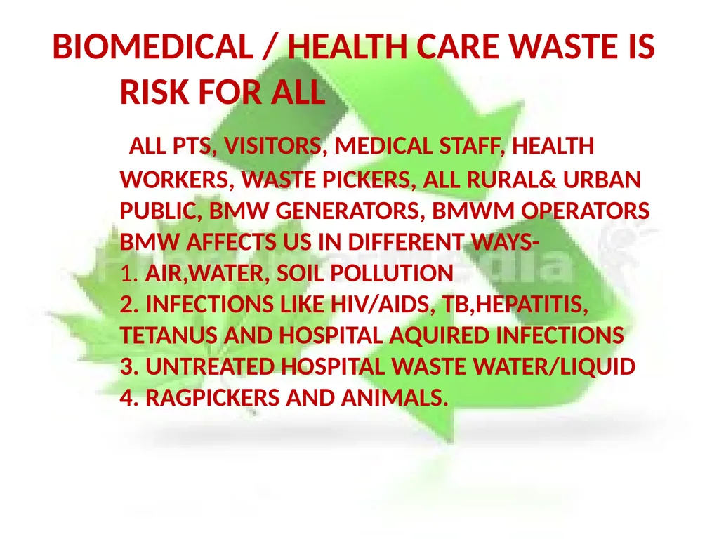 BIOMEDICAL WASTE MANAGEMENT PRESENTED BY: - slide 2 of 18