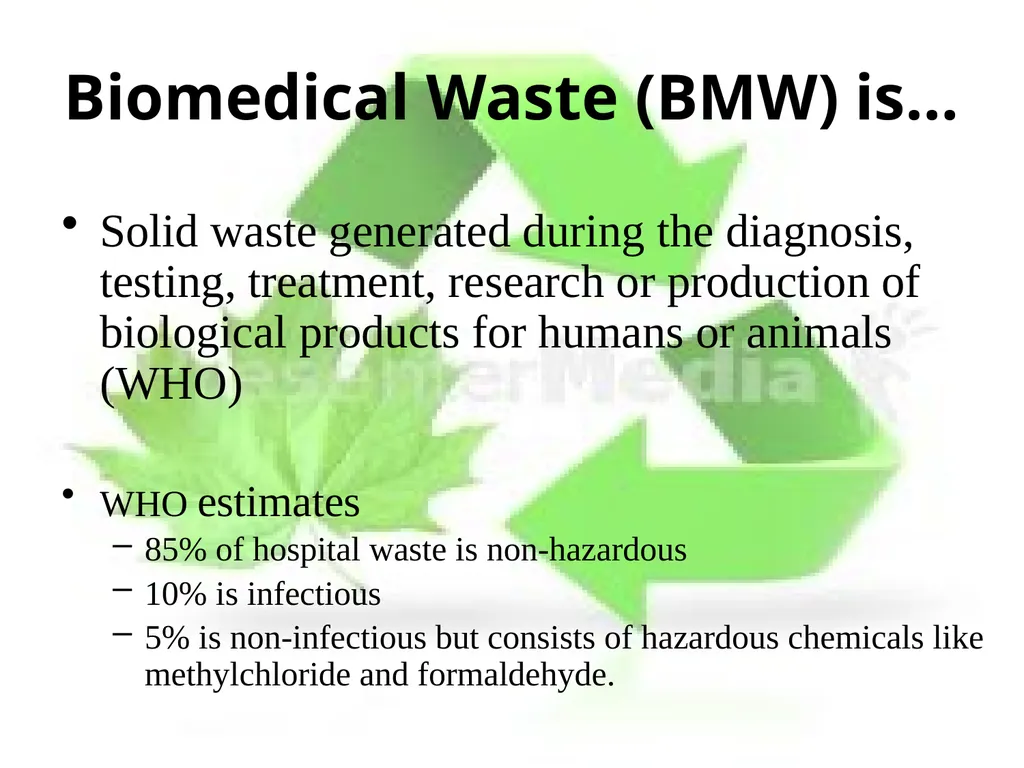 BIOMEDICAL WASTE MANAGEMENT PRESENTED BY: - slide 5 of 18