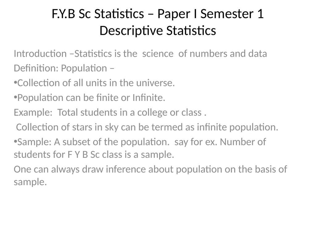 F.Y.B Sc Statistics – Paper I Semester 1 - slide 1 of 16