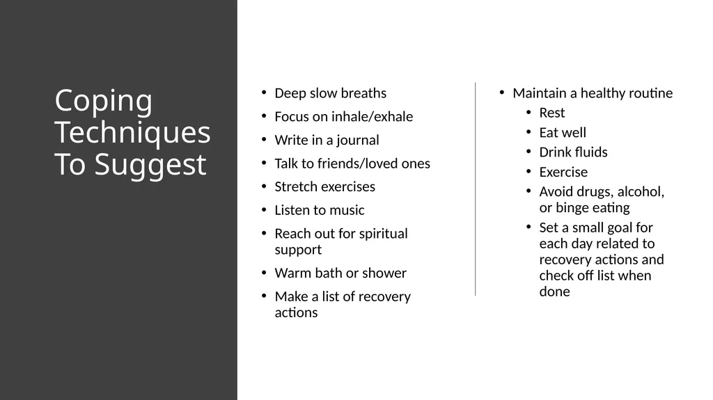 PSYCHOLOGICAL FIRST AID Getting through trauma - slide 29 of 42