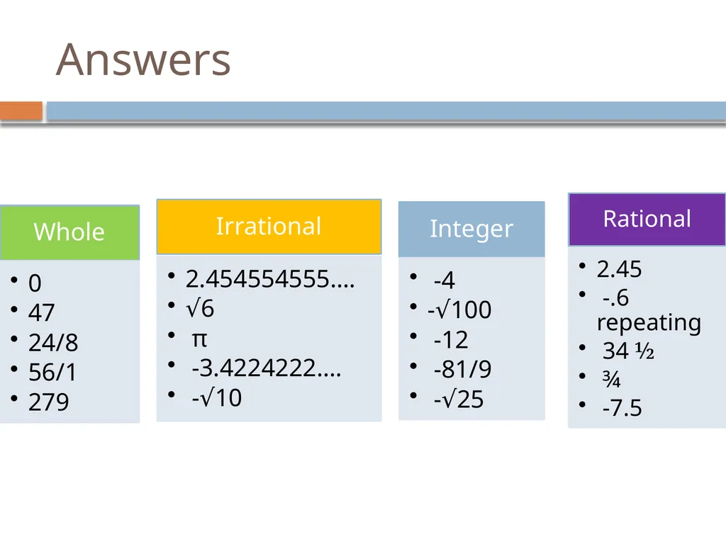 Classifying Numbers 8th grade Math – Numeration - slide 12 of 17