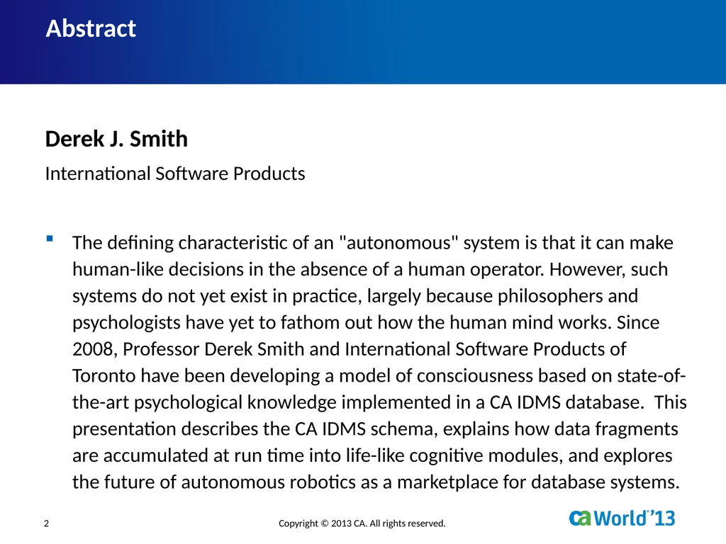 Artificial Consciousness: A CA IDMS™ Database - slide 2 of 36