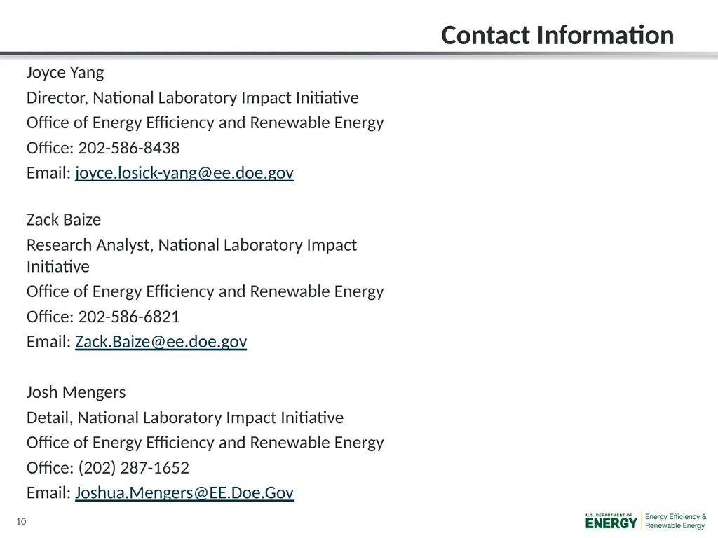 EERE National Laboratory Impact Initiative: Small - slide 10 of 10