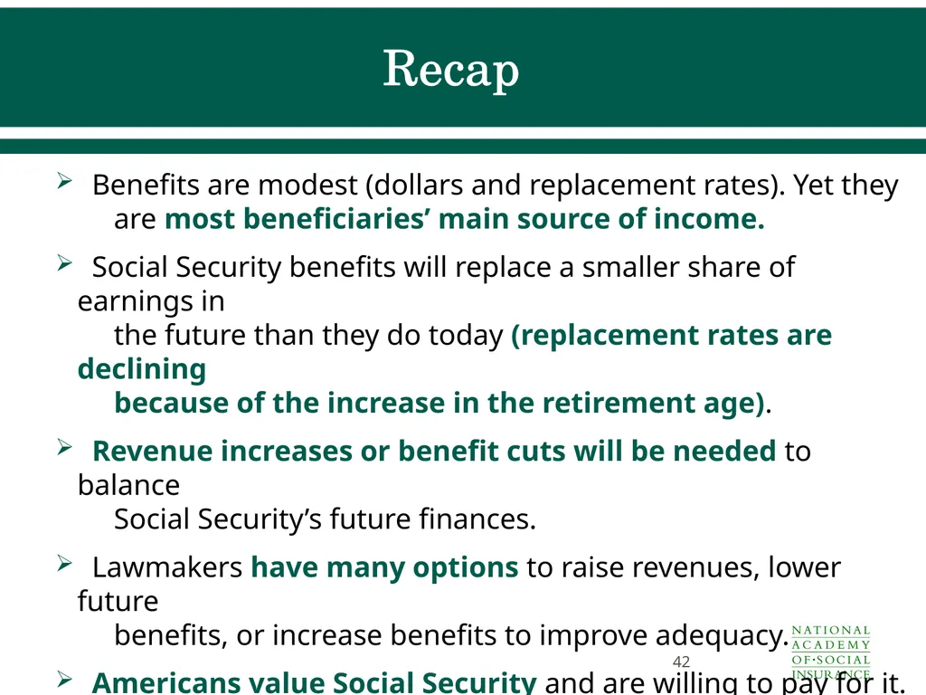 Social Security Benefits, Finances, and Policy - slide 42 of 44