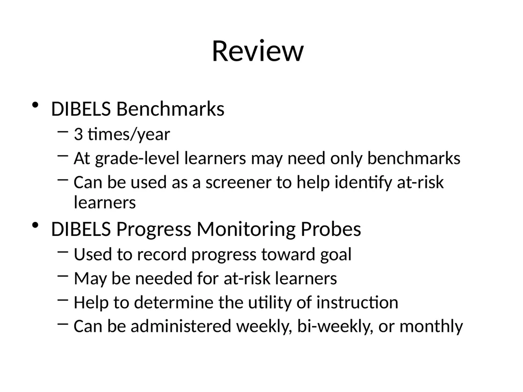 DIBELS – Part II SED 368 Fall 2012 Review DIBELS - slide 2 of 42