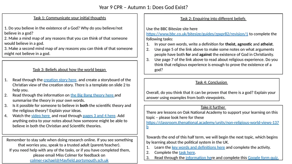 Year 9 CPR – Autumn 1: Does God Exist? Task - slide 1 of 2