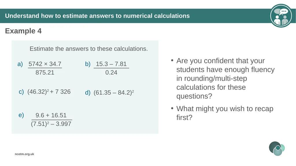 Estimating numerical calculations (from 1.1 Place - slide 21 of 35