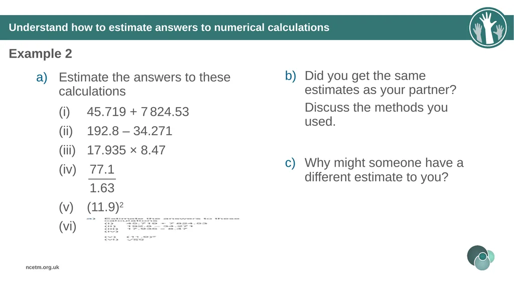 Estimating numerical calculations (from 1.1 Place - slide 16 of 35