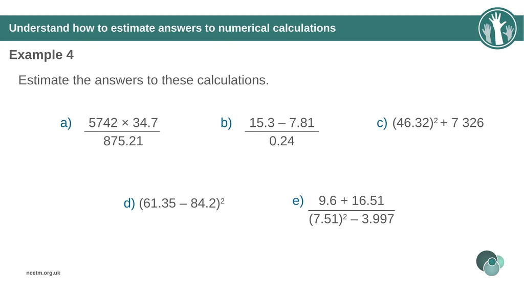 Estimating numerical calculations (from 1.1 Place - slide 20 of 35