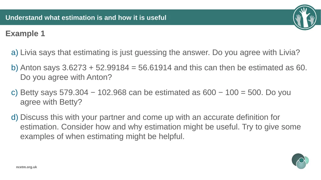 Estimating numerical calculations (from 1.1 Place - slide 14 of 35