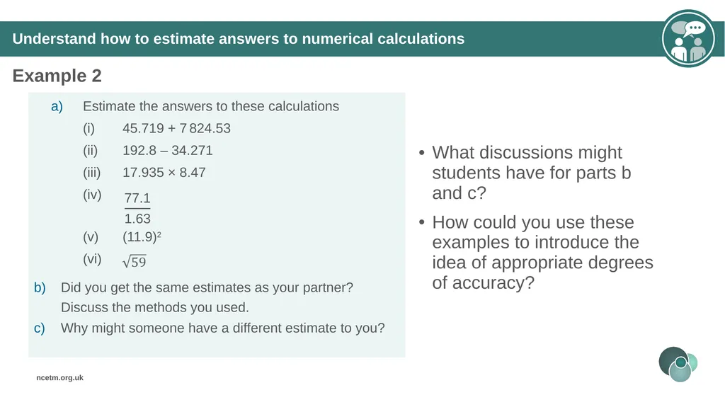 Estimating numerical calculations (from 1.1 Place - slide 17 of 35