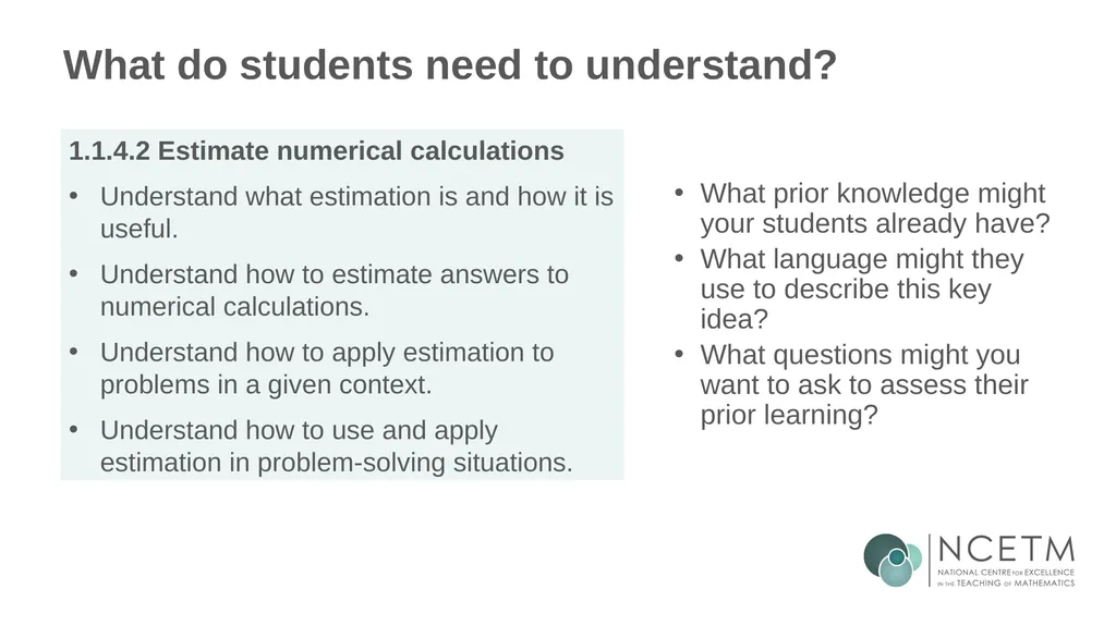 Estimating numerical calculations (from 1.1 Place - slide 6 of 35