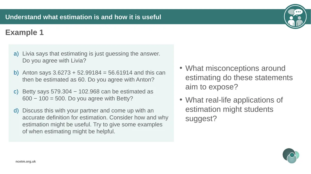 Estimating numerical calculations (from 1.1 Place - slide 15 of 35
