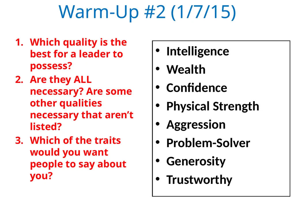 Warm-Up #1 (1/6/15) Welcome Back and Happy New - slide 2 of 12