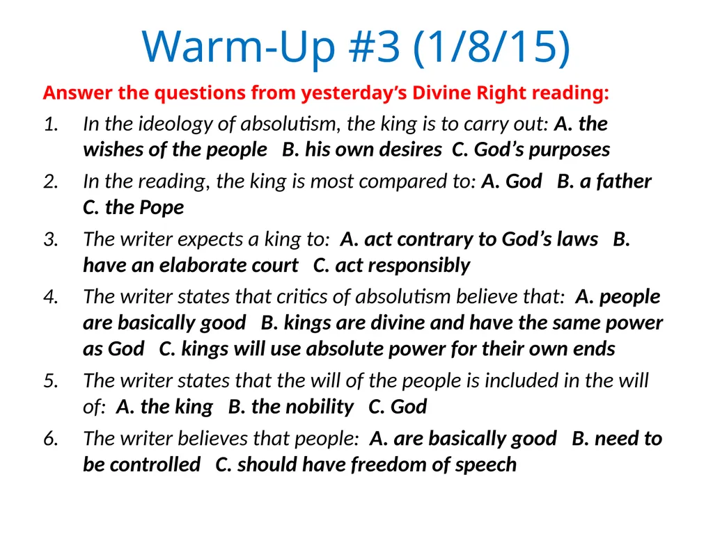 Warm-Up #1 (1/6/15) Welcome Back and Happy New - slide 3 of 12