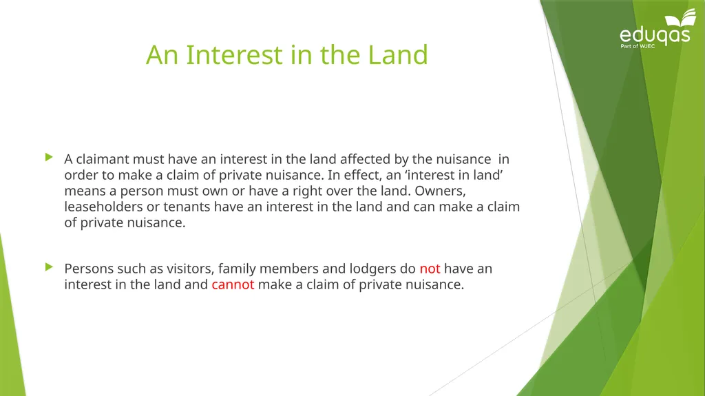 Torts connected to land Private Nuisance Learning - slide 12 of 53