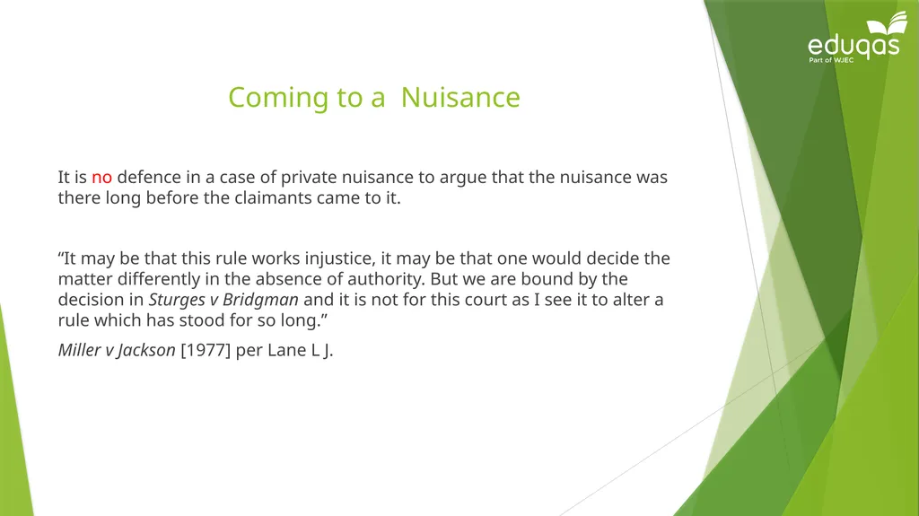 Torts connected to land Private Nuisance Learning - slide 30 of 53