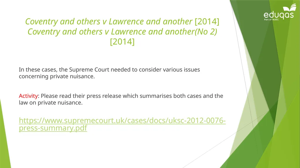 Torts connected to land Private Nuisance Learning - slide 53 of 53