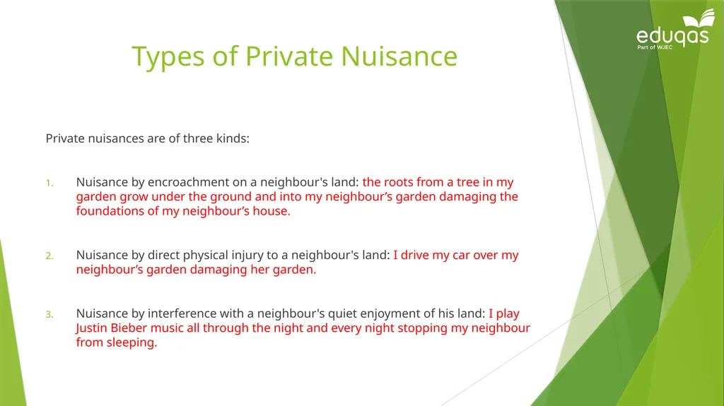 Torts connected to land Private Nuisance Learning - slide 7 of 53