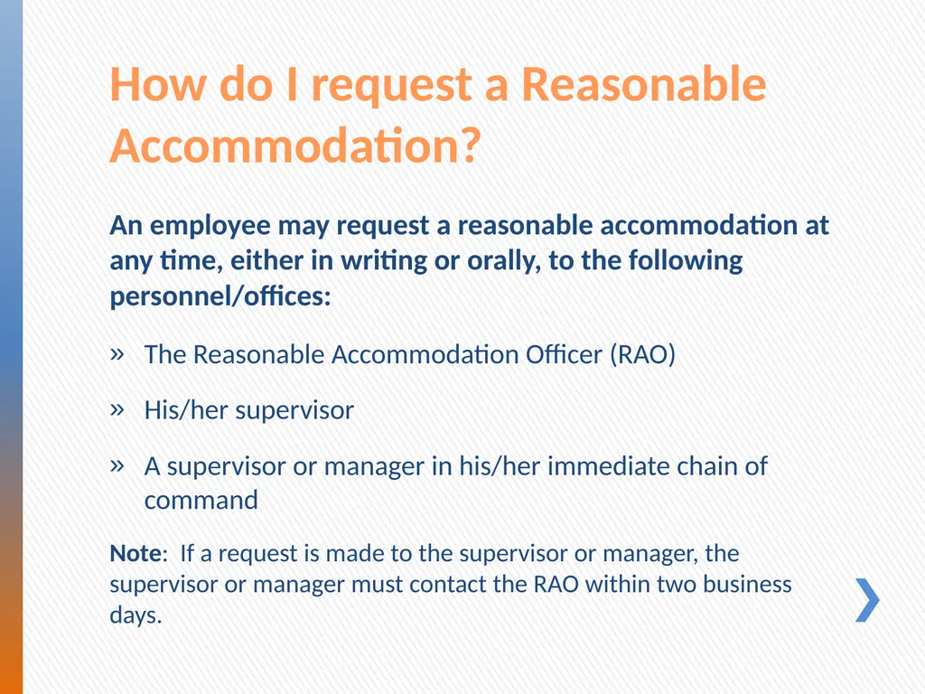 Reasonable Accommodations New Employee Orientation - slide 9 of 12