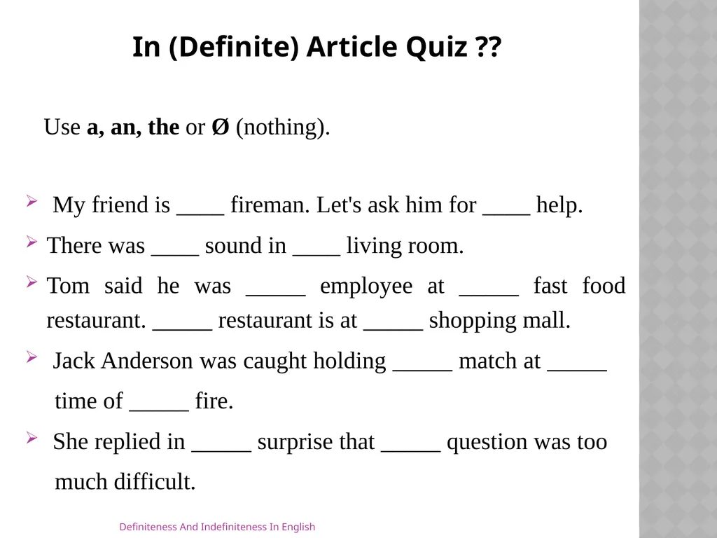 Definiteness And Indefiniteness In English Assist - slide 13 of 16
