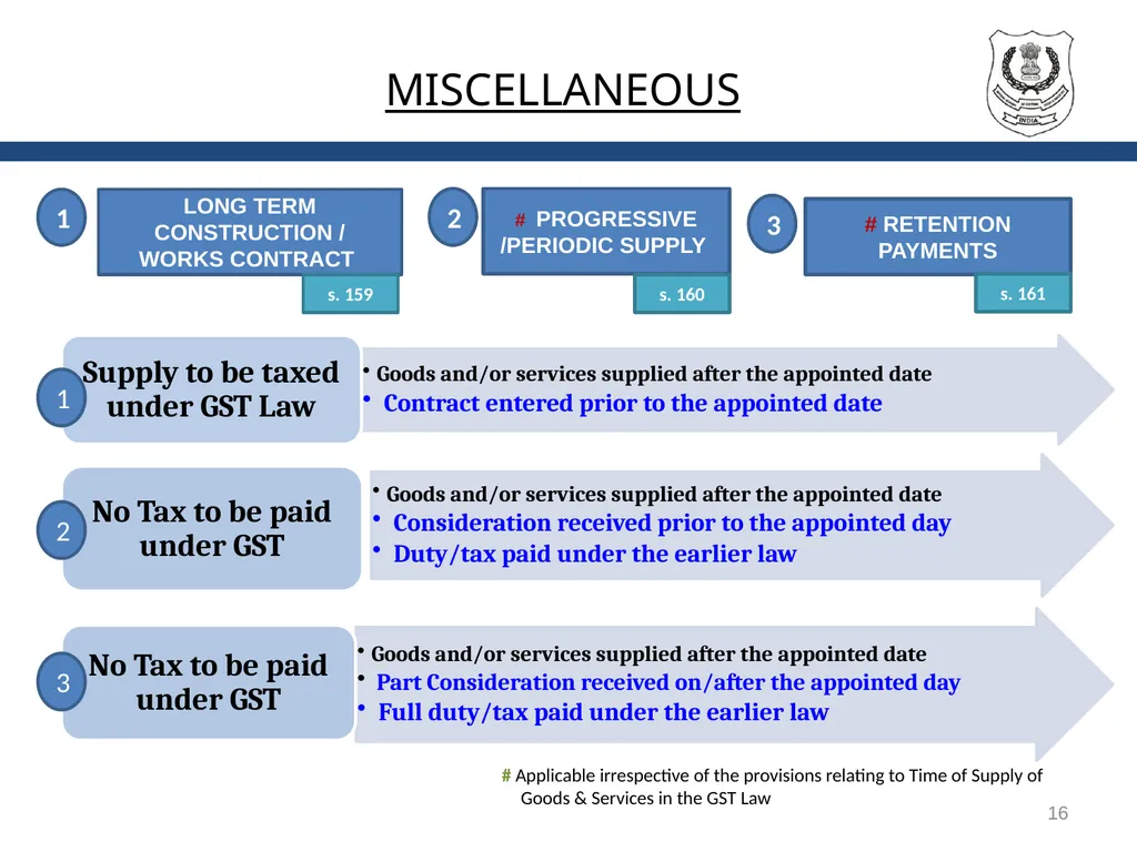 TRANSITIONAL PROVISIONS IN GST 1 SECTIONS GENERAL - slide 16 of 22