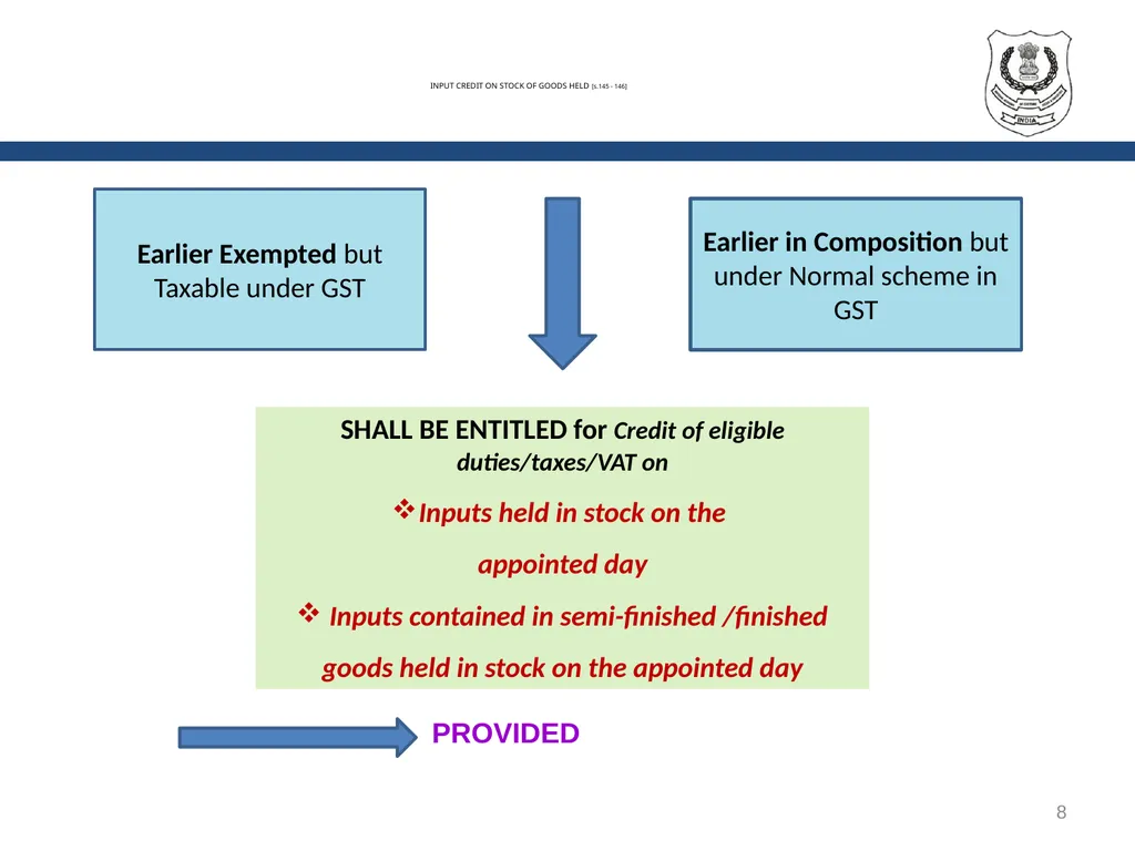 TRANSITIONAL PROVISIONS IN GST 1 SECTIONS GENERAL - slide 8 of 22