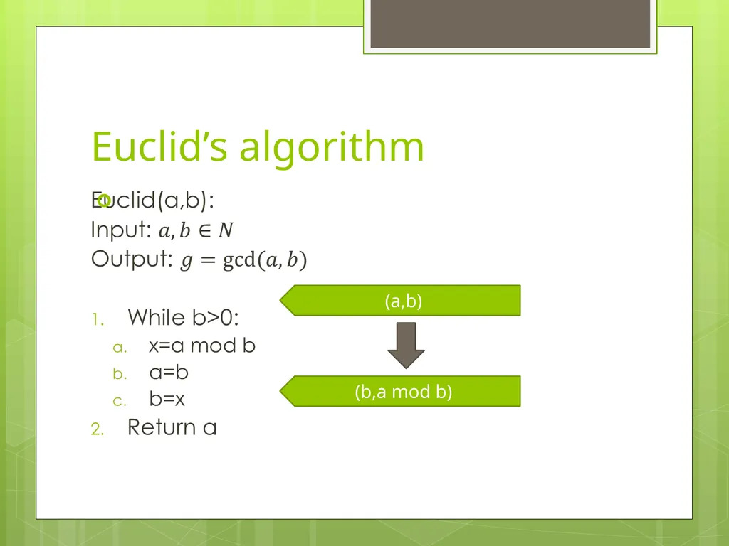 Today’s Topics: GCD Euclid’s algorithm Extended - slide 10 of 31