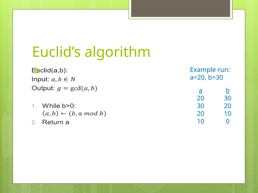 Today’s Topics: GCD Euclid’s algorithm Extended - slide 12 of 31