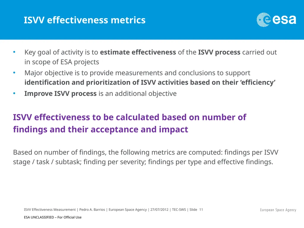 ISVV Effectiveness Measurement in ESA Space - slide 11 of 33