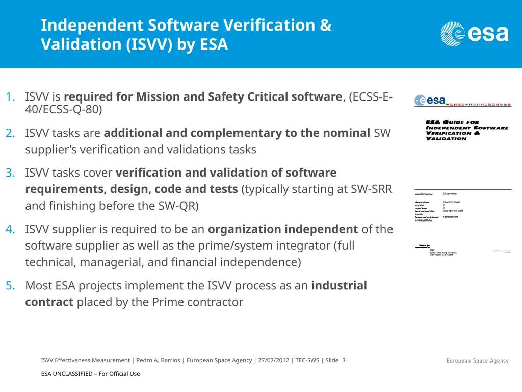 ISVV Effectiveness Measurement in ESA Space - slide 3 of 33