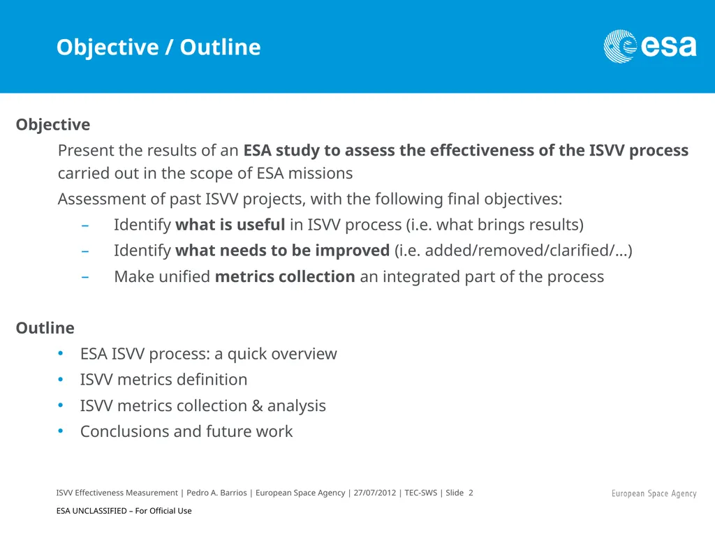 ISVV Effectiveness Measurement in ESA Space - slide 2 of 33