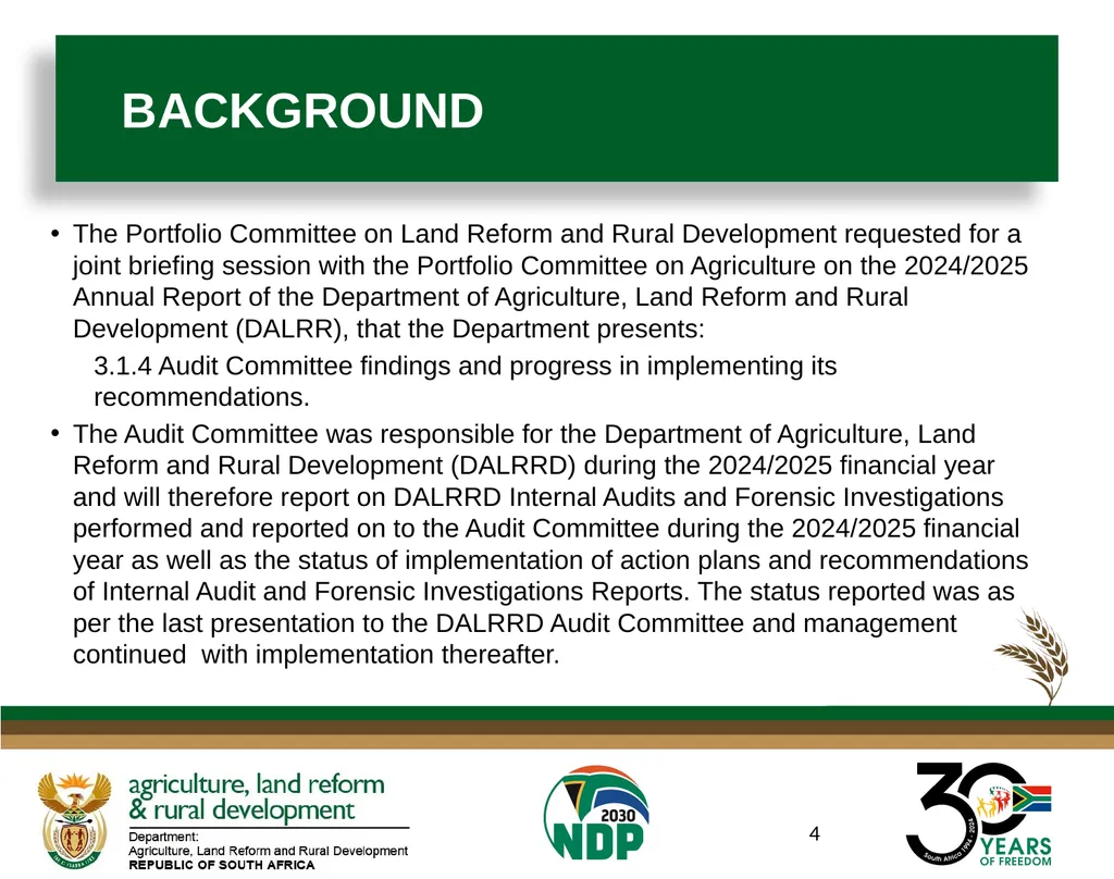 Presentation to the Portfolio Committee on Land - slide 4 of 13