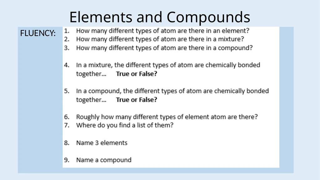 Atoms, Elements and Compounds Foundation LOW - slide 17 of 19