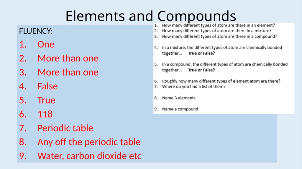 Atoms, Elements and Compounds Foundation LOW - slide 18 of 19