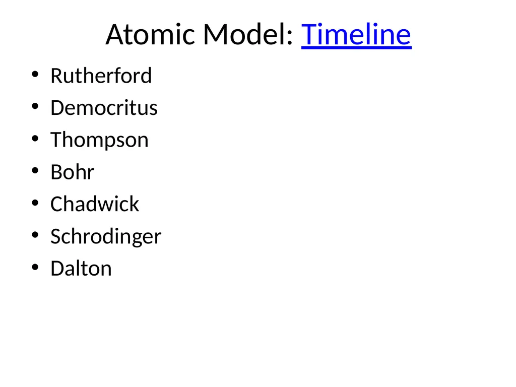 Atomic Model: Timeline Rutherford Democritus - slide 1 of 12