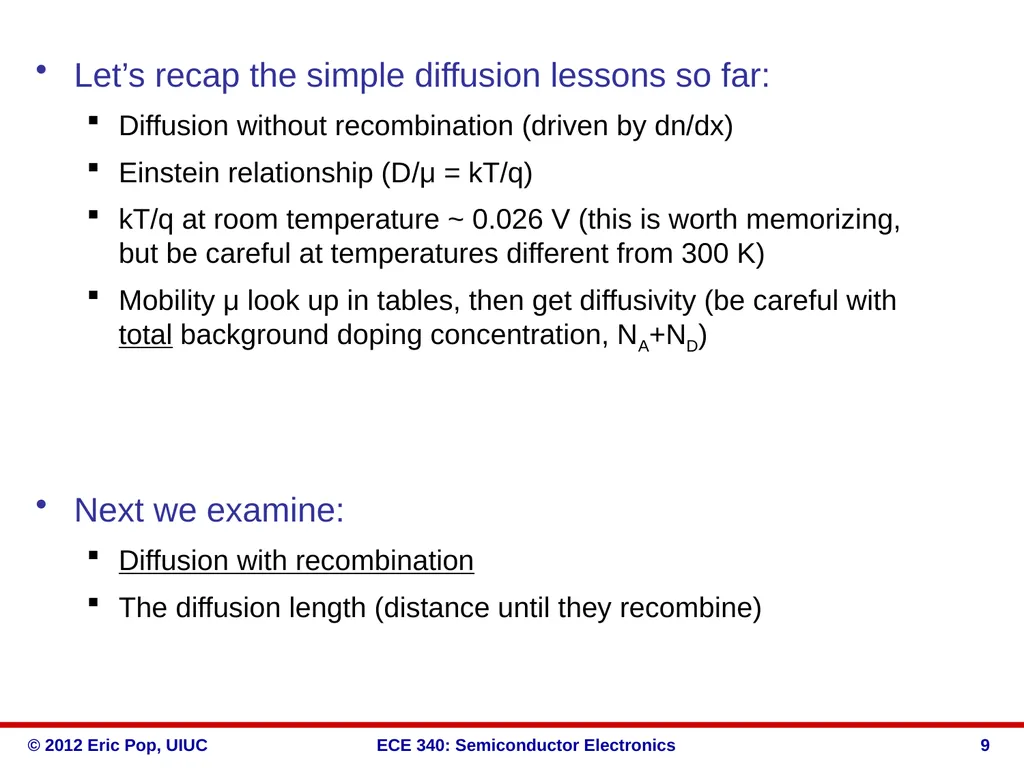 ECE 340 Lectures 16-18 Diffusion of carriers - slide 9 of 16