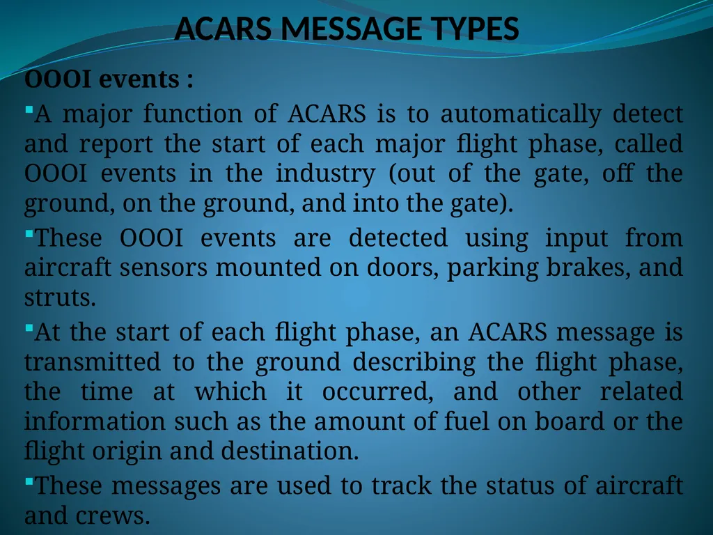 AIRCRAFT COMMUNICATIONS ADDRESSING AND REPORTING - slide 7 of 9